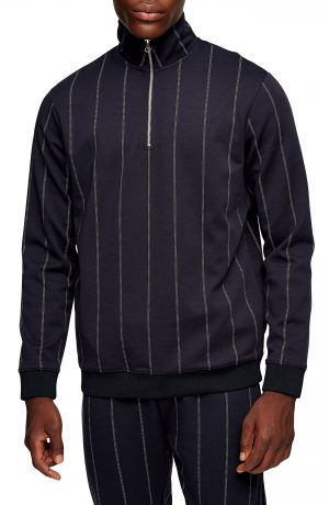 Men's Topman Classic Fit Pinstripe Quarter Zip Pullover, Size Medium - Blue Men's Topman Classic Fit Pinstripe Quarter Zip Pullover, Size Medium - Blue