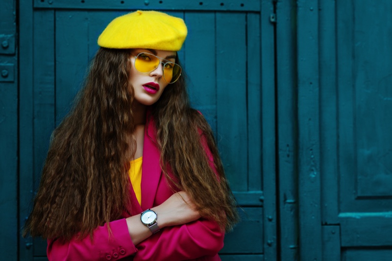 Model Yellow Beret Pink Blazer Sunglasses Wavy Hair