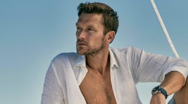 Orlebar Brown Embraces Nautical Style with IWC Capsule Collection Shaun Dewet models a white linen tailored fit shirt from Orlebar Brown's IWC collection.