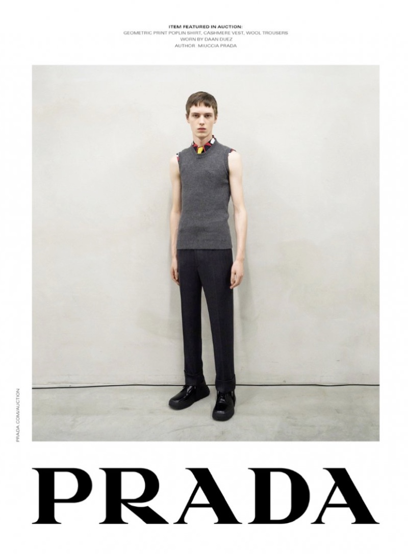 Daan Duez dons a fall-winter 2020 look from Prada's menswear collection.