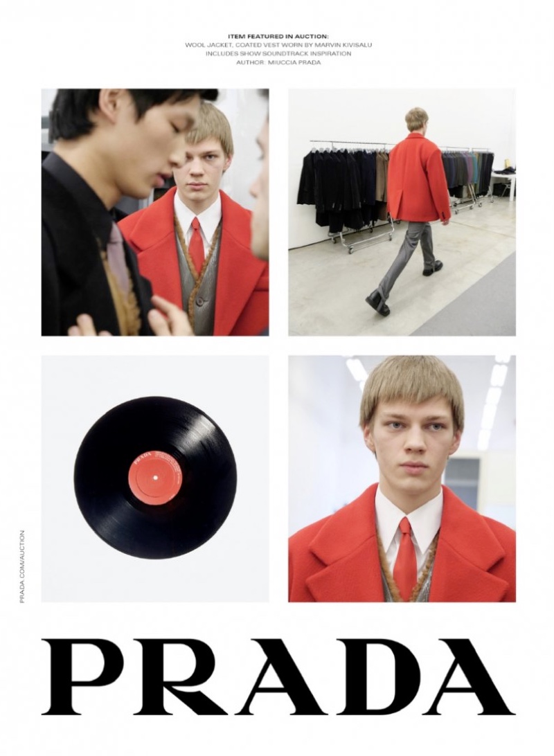Marvin Kivisalu stands out in a red coat from Prada's fall-winter 2020 collection.