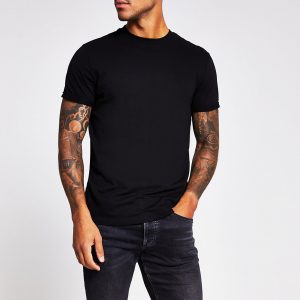 River Island Mens Black slim fit roll sleeve T-shirt River Island Mens Black slim fit roll sleeve T-shirt