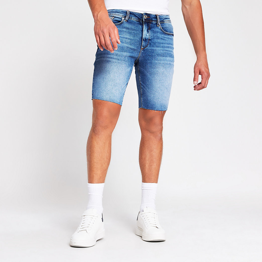 River Island Mens Blue cut off Sid skinny denim shorts | The Fashionisto