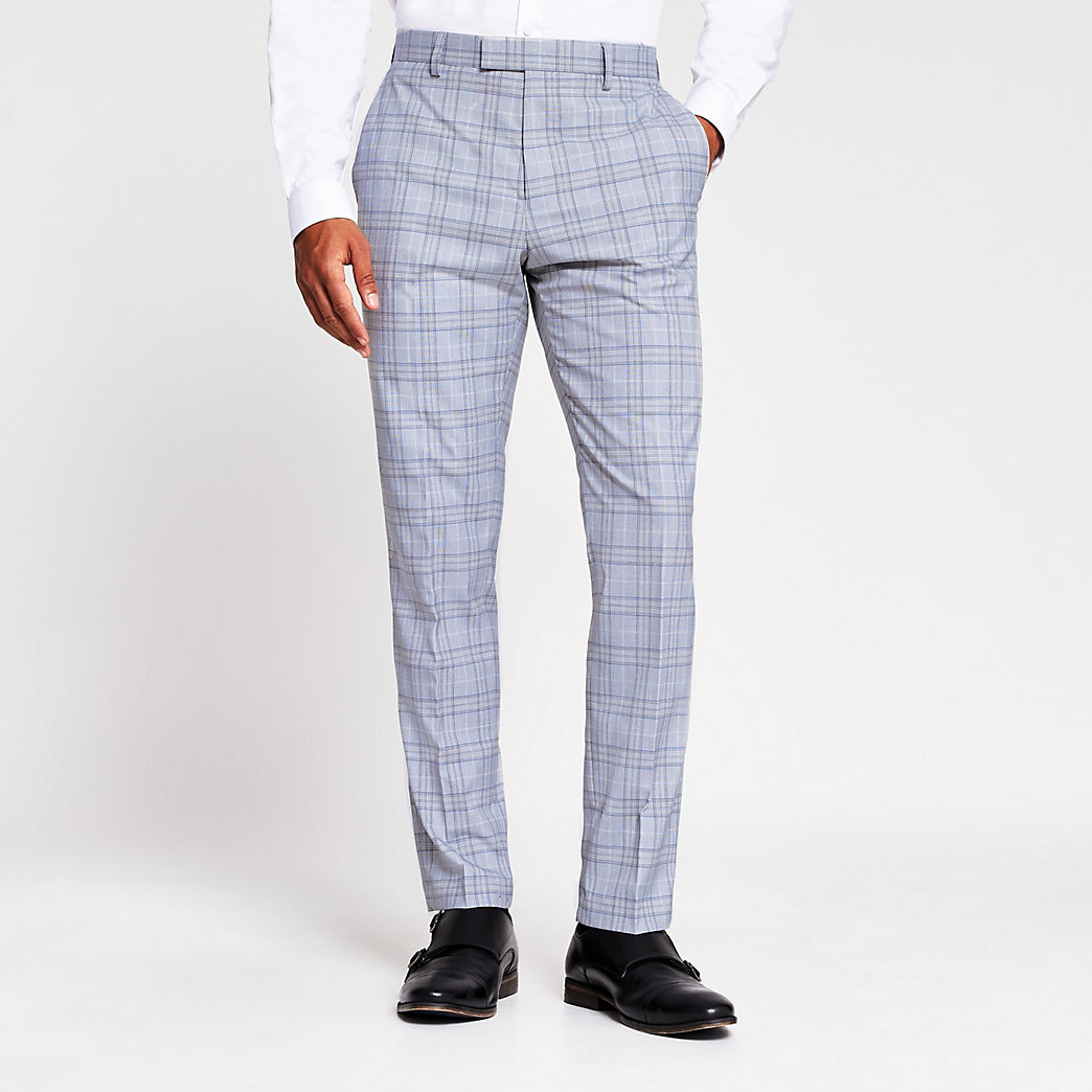 River Island Mens Grey check slim fit pantss | The Fashionisto