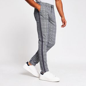 River Island Mens Grey check tape side skinny trousers River Island Mens Grey check tape side skinny trousers