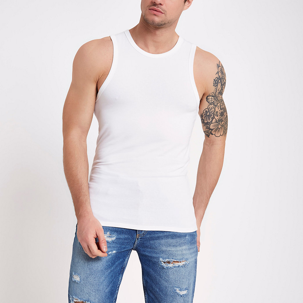 white ribbed muscle fit vest