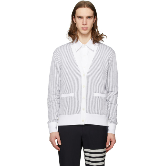 Thom Browne Grey and White Seersucker Stripe Cardigan | The Fashionisto