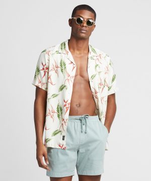 Aloha Leaf Print Camp Collar Short Sleeve Shirt in Off White Aloha Leaf Print Camp Collar Short Sleeve Shirt in Off White