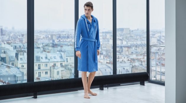 At Home Comfort: Slip Into a BOSS Bathrobe Adrien Sahores dons a blue bathrobe from BOSS.