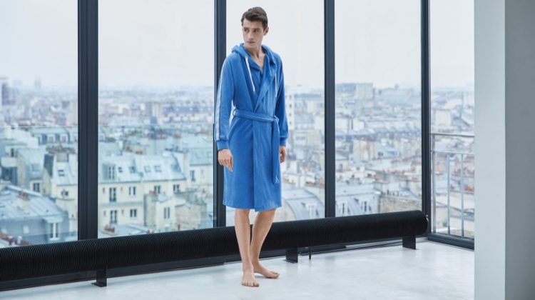 Adrien Sahores dons a blue bathrobe from BOSS.