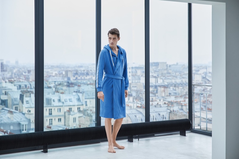 Adrien Sahores dons a blue bathrobe from BOSS.