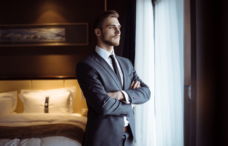 Business Man Hotel Room Looking Out Window