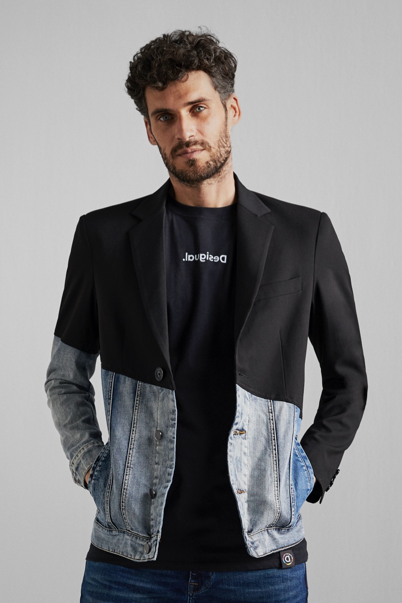 Connecting with Desigual, model Florent Lahmeri wears the brand's new hybrid denim jacket.