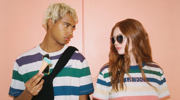 Daouda Ka and Victoria Britt don striped tees for GUESS Originals' fall 2020 campaign.