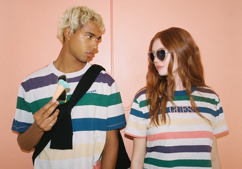 Daouda Ka and Victoria Britt don striped tees for GUESS Originals' fall 2020 campaign.