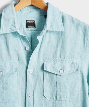 Italian Two Pocket Linen Utility Long Sleeve Shirt in Teal Italian Two Pocket Linen Utility Long Sleeve Shirt in Teal
