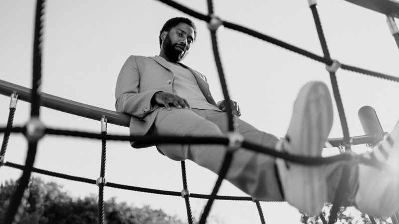 Connecting with Mr Porter, John David Washington wears a Maximilian Mogg tuxedo jacket with a Gabriela Hearst t-shirt.