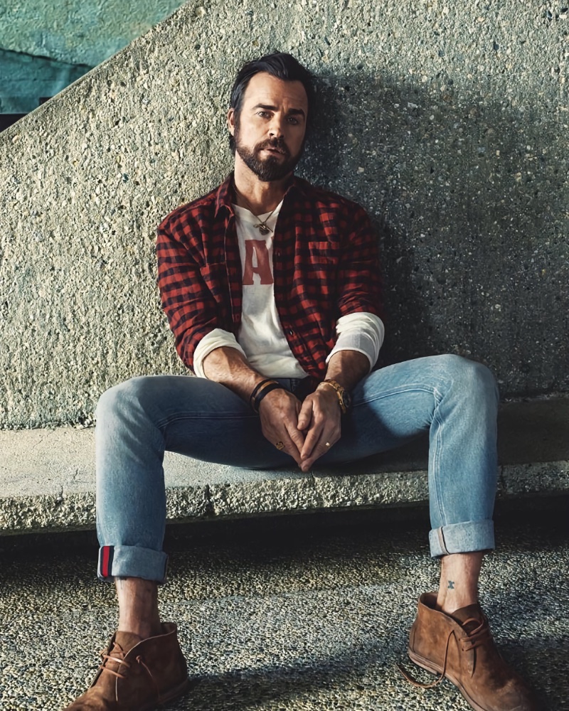 Justin Theroux Mr Porter Chukka Boots Outfit Jeans Buffalo Check Shirt Long-Sleeve Tee