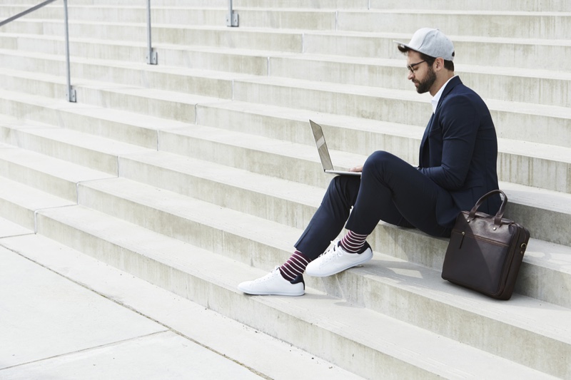 Man Suit Sneakers Outside Laptop Bag