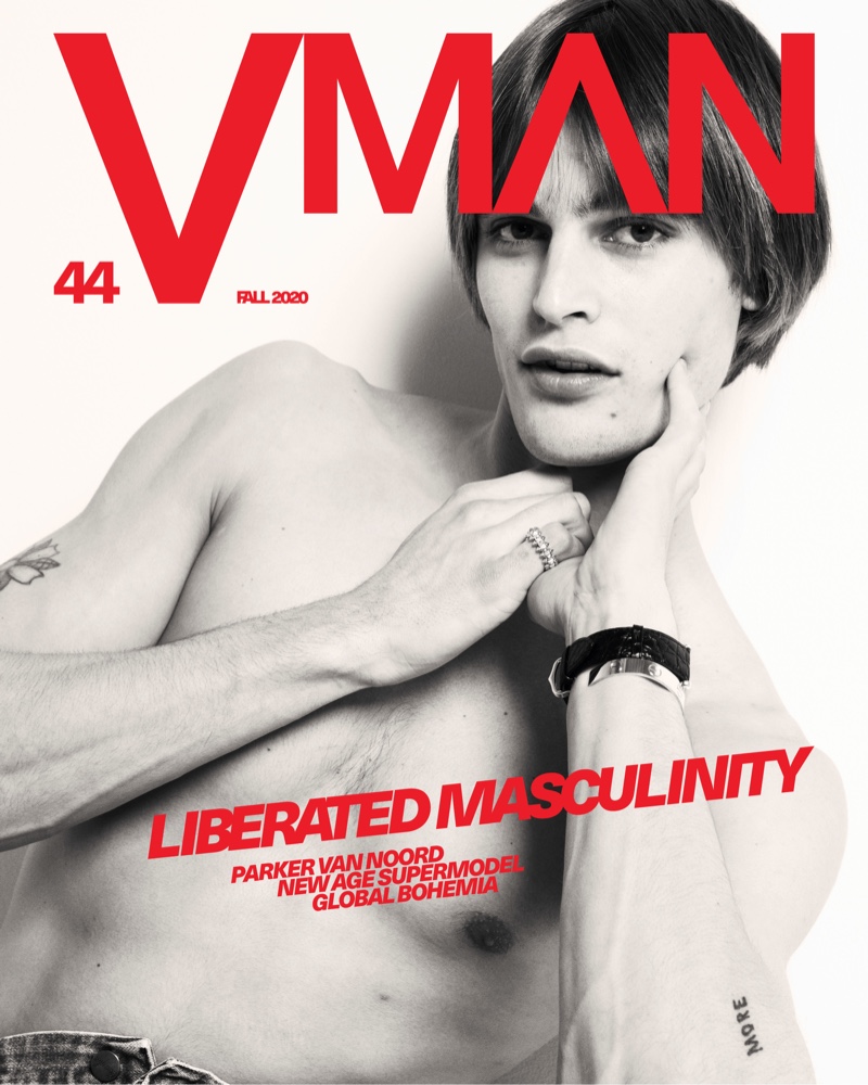 Posing shirtless, Parker van Noord covers the latest issue of VMAN.