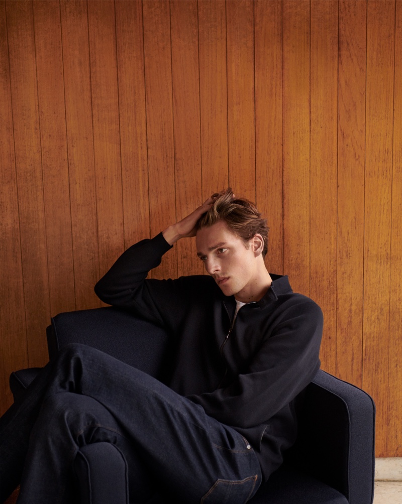 Embracing dark style for fall, Quentin Demeester sports a look from Massimo Dutti.