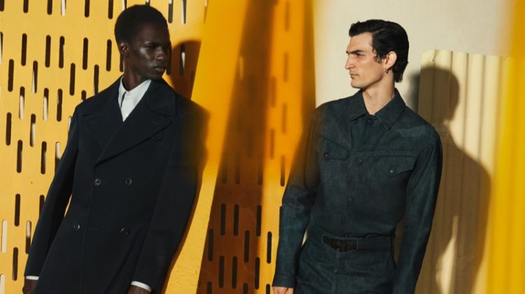 Models Malick Bodian and Luca Lemaire star in Salvatore Ferragamo's fall-winter 2020 men's campaign.