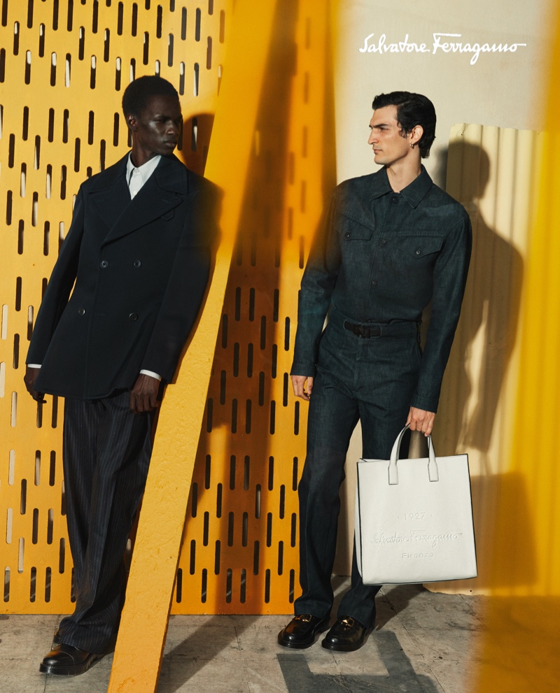 Models Malick Bodian and Luca Lemaire star in Salvatore Ferragamo's fall-winter 2020 men's campaign.