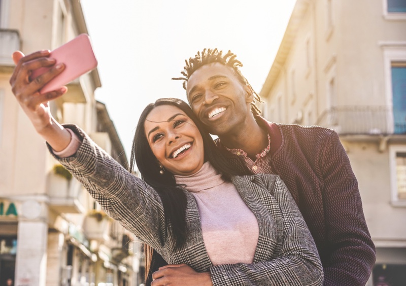Smiling Black Couple Selfie Phone Influencers