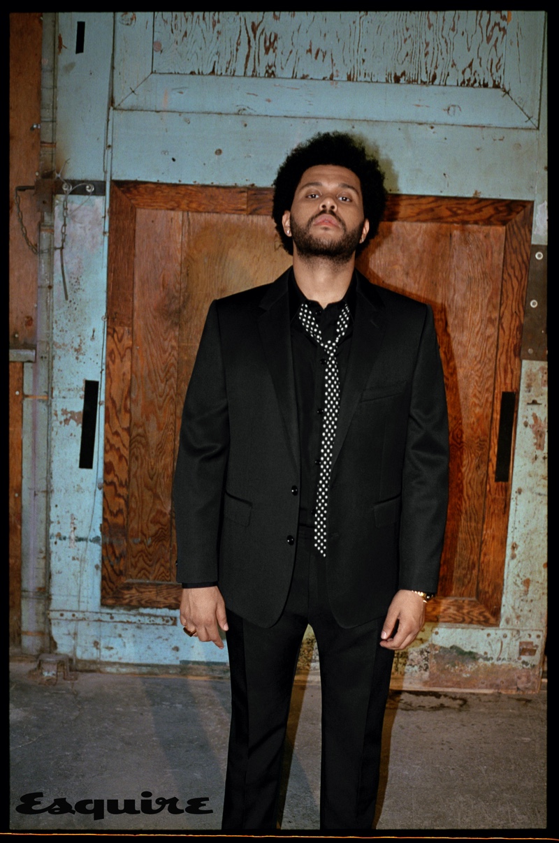 Front and center, The Weeknd sports a sharp look from Celine for Esquire.