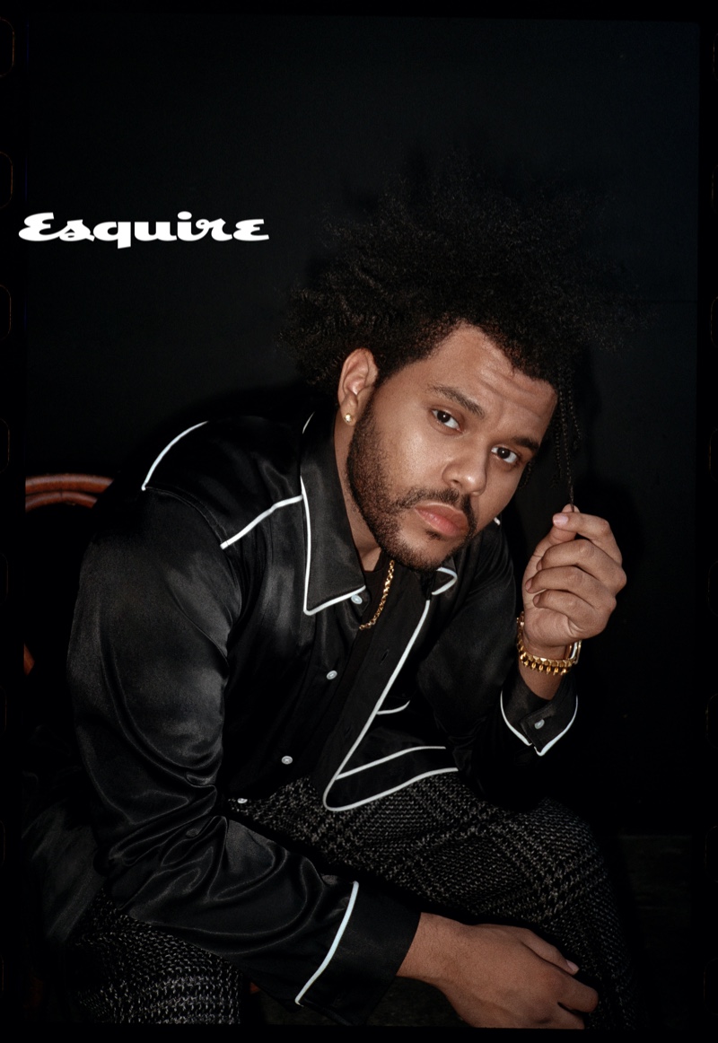 Connecting with Esquire, The Weeknd dons a Nicholas Daley shirt with a John Elliott t-shirt, and Chrome Hearts necklace.