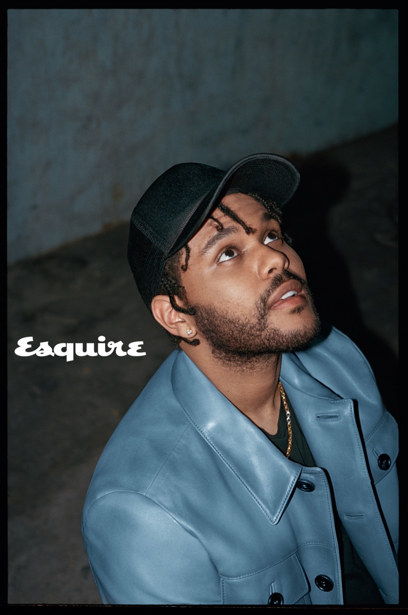 Music artist The Weeknd wears a Prada leather jacket with a John Elliott t-shirt, and Chrome Hearts necklace for Esquire.