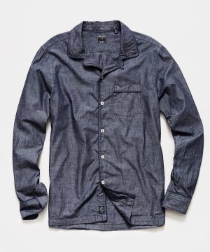 Tipped Navy Chambray Camp Collar Shirt in Indigo Tipped Navy Chambray Camp Collar Shirt in Indigo