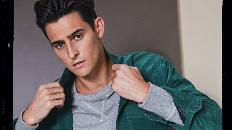 Ready to be a leading man, Rhys Pickering sports Todd Snyder's Italian suede snap Dylan jacket in eucalyptus.