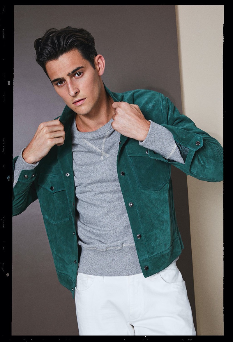 Ready to be a leading man, Rhys Pickering sports Todd Snyder's Italian suede snap Dylan jacket in eucalyptus. 