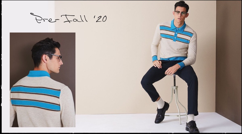 Rhys Pickering dons a long-sleeve stripe sweater polo from Todd Snyder.