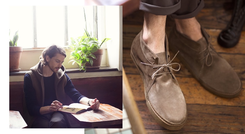 Chukka boots, also known as desert boots, are a versatile and comfortable essential. Model Jeremy Young sports Vince suede chukka boots.