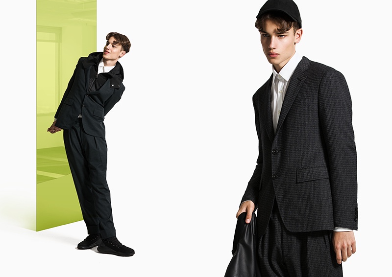 Modeling looks from Canali Black Edition, Carlo dons relaxed tailoring with a sporty attitude.