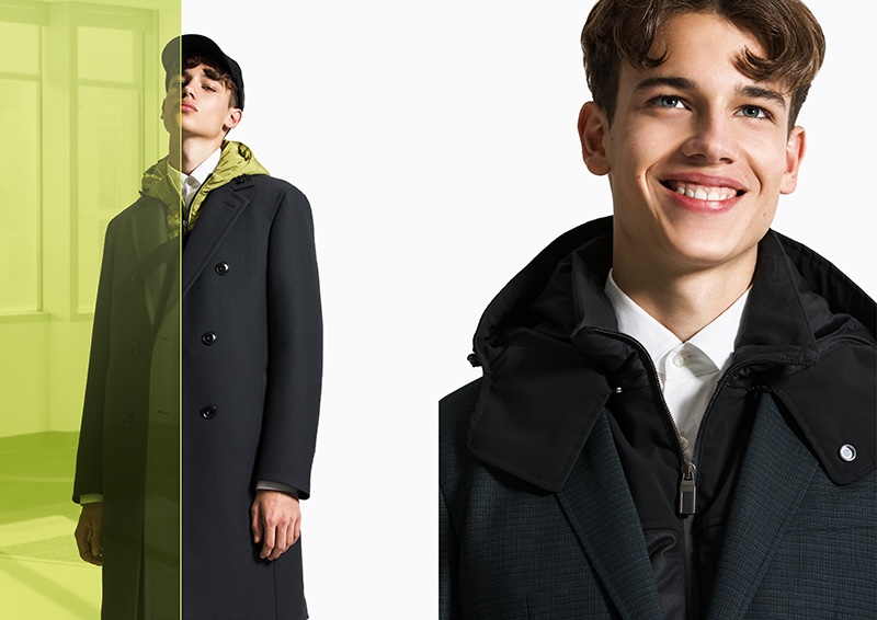 All smiles, Carlo models menswear from Canali's fall-winter 2020 Black Edition collection.