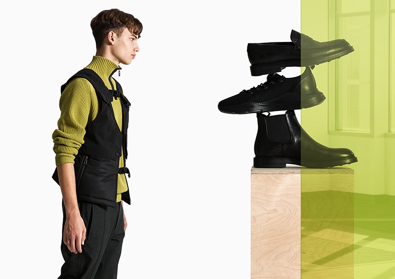 Model fresh face Carlo appears alongside essential footwear from Canali Black Edition.