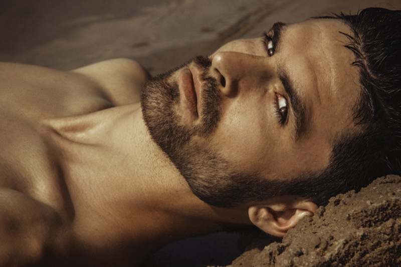 Closeup Male Model Beard Sand Beauty