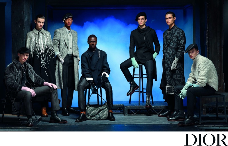 Models Thatcher Thornton, Otto Nahmmacher, Jecardi Sykes, Malick Bodian, Lucas El Bali, Ludwig Wilsdorff, and Patrick Waldron front Dior Men's winter 2020 campaign.