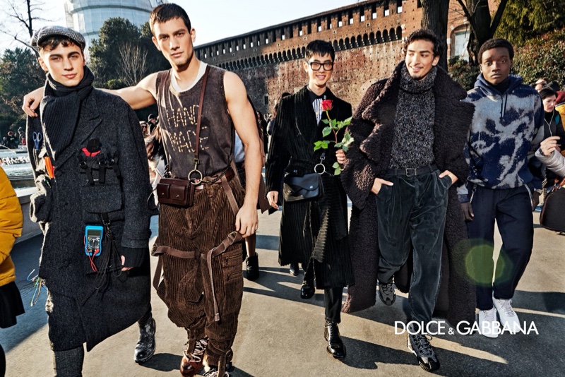 Eugen Renko, Ljubisa Grujic, Aiden Park, Donovan Santos, and King (Persona Milano) appear in Dolce & Gabbana's fall-winter 2020 men's campaign.