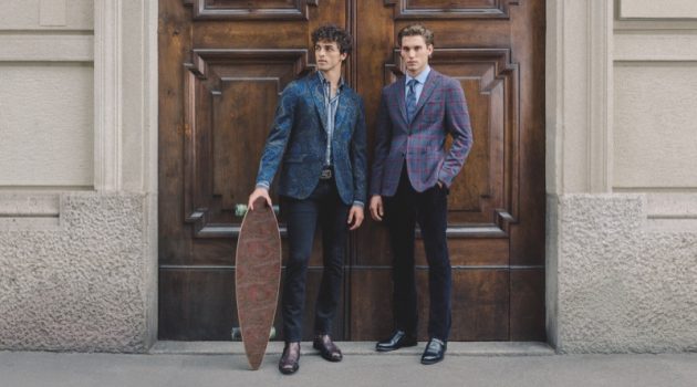 Maxime & Alberto Don Etro's 24 Hour Jacket Models Alberto Perazzolo and Maxime Trabouile sport Etro's 24 Hour jacket.