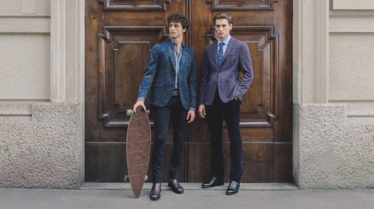 Models Alberto Perazzolo and Maxime Trabouile sport Etro's 24 Hour jacket.