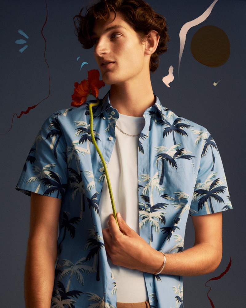 Front and center, Aaron Shandel models a palm tree print shirt from GANT.