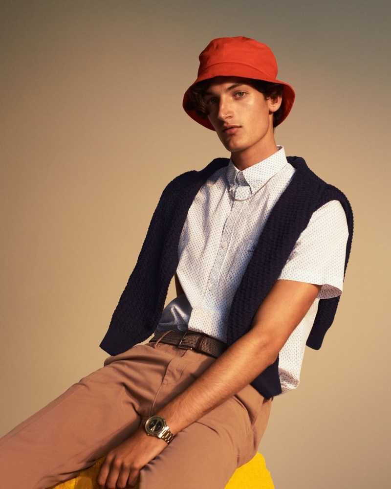 Aaron Shandel dons a preppy look from GANT's pre-fall 2020 collection.