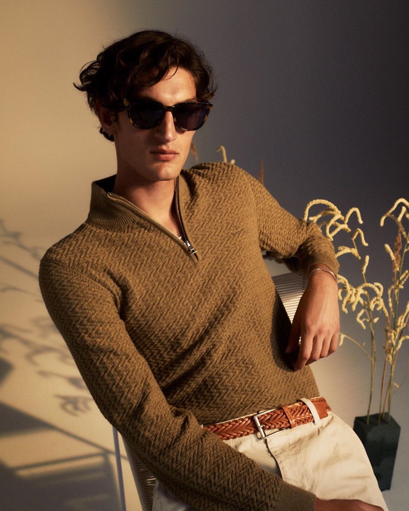 A sleek vision, Aaron Shandel wears menswear from GANT's pre-fall 2020 collection.