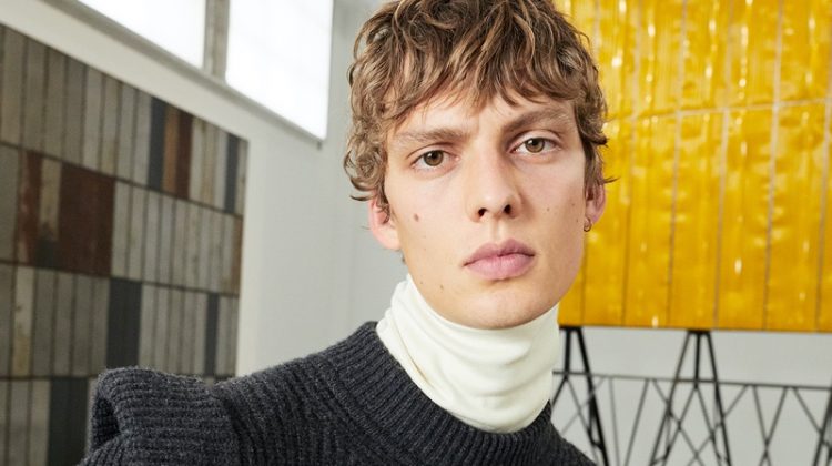 German model Leon Dame sports a turtleneck and ribbed sweater from Isabel Marant for the brand's fall-winter 2020 campaign.