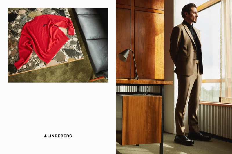 Alexej Manvelov embraces sharp tailoring in J.Lindeberg for the brand's fall-winter 2020 campaign.