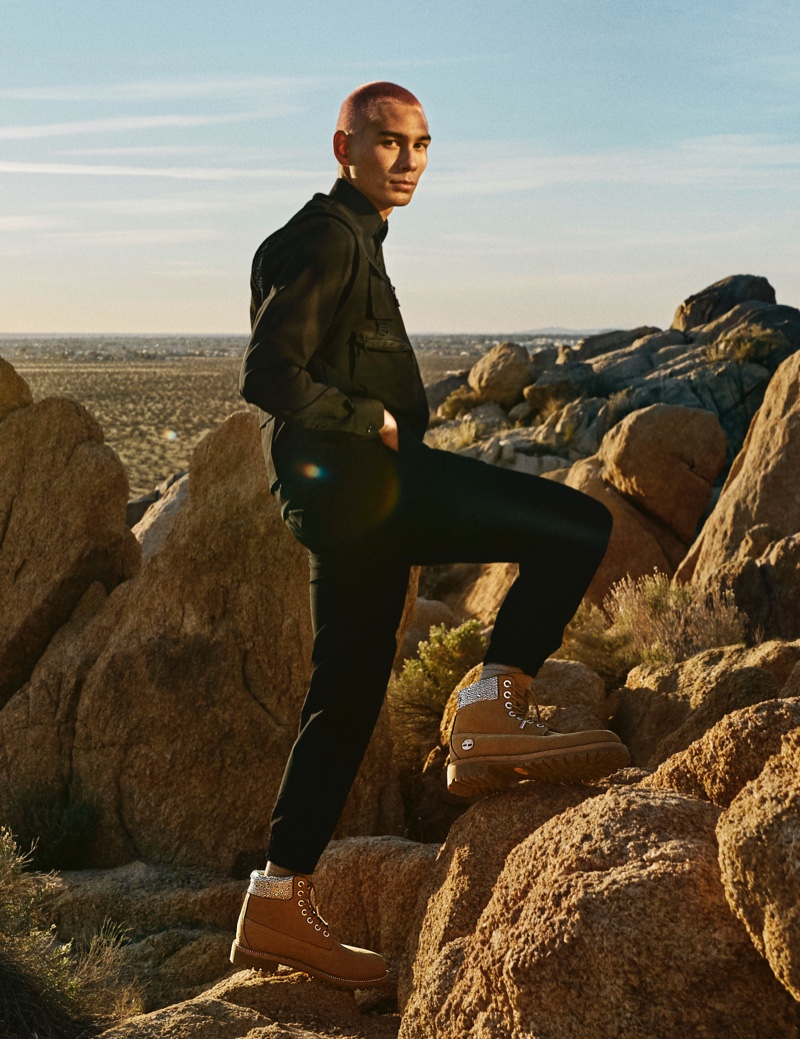 Evan Mock stars in the Jimmy Choo x Timberland campaign. He sports a pair of 6" premium wheat with swarovski crystal collar boots.